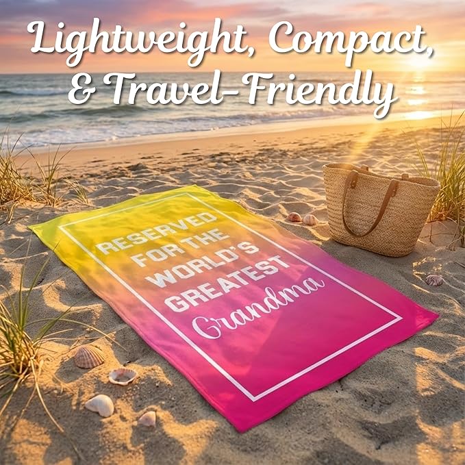 Grandma Beach Towel – Best Grandma Ever Gift, 60”x30” Beach & Pool Towel for Summer, Vacation, Travel, Birthday, Mother’s Day or New Grandma Present from Granddaughter or Grandson