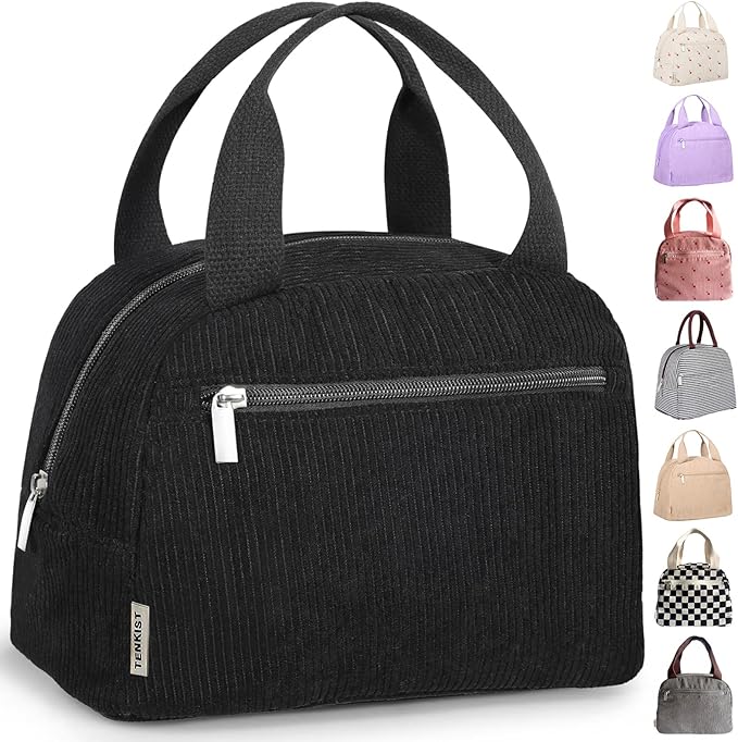 Cute Lunch Box Tote Bag - Corduroy Insulated Cooler Bags for Women - Lightweight Reusable Portable Soft Lunch Pail Kit for Kids Teen Girl Adults Work School Picnic Travel Black 8L
