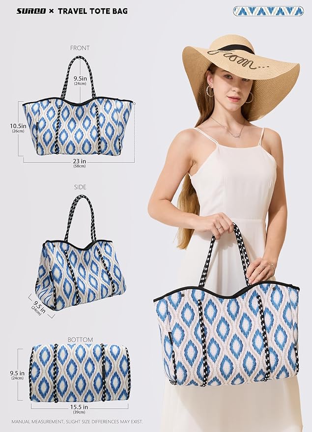 Neoprene Tote Bag for Women, Large Travel Beach Bag with Detachable Pouch, Stylish Lightweight Everyday Carryall
