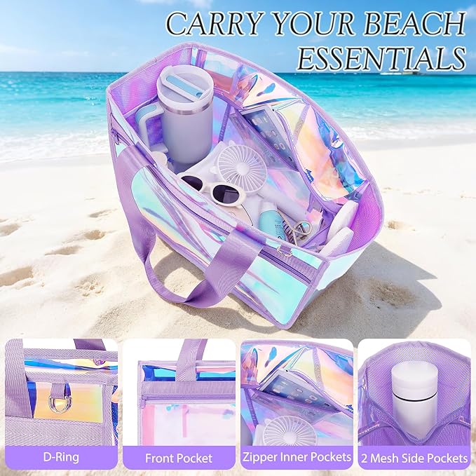 Fammart Iridescent Clear Beach Bags Waterproof Sandproof for Women, Large Jelly Tote Zipper Pool Bag Cruise Essentials 2026