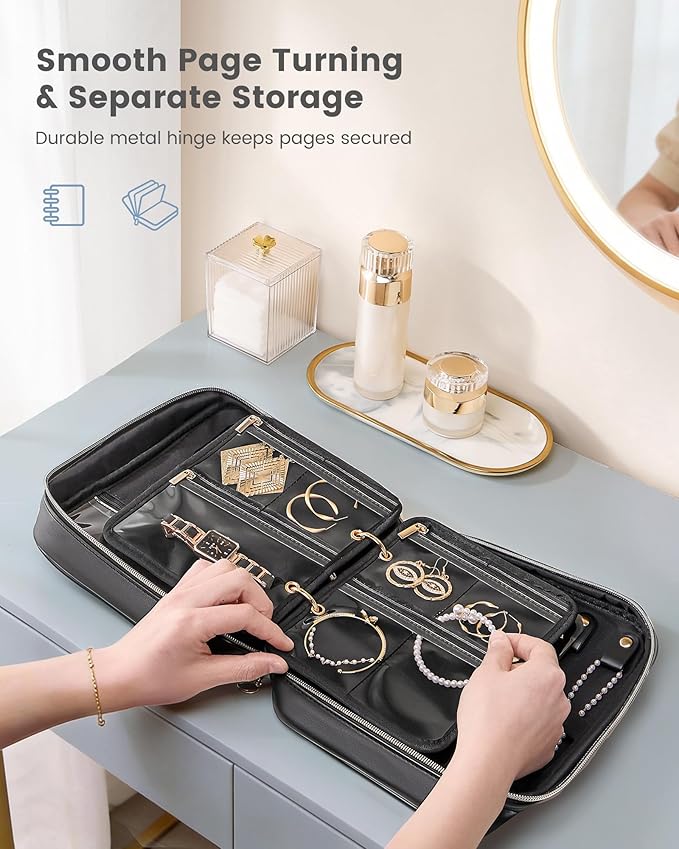 Lolalet Travel Jewelry Organizer Case, Large Jewelry Binder Book with Individual Pouches, Portable Leather Zippered Bag for Jewelry Storage of Earring, Ring & Necklace for Girls, Women -Black