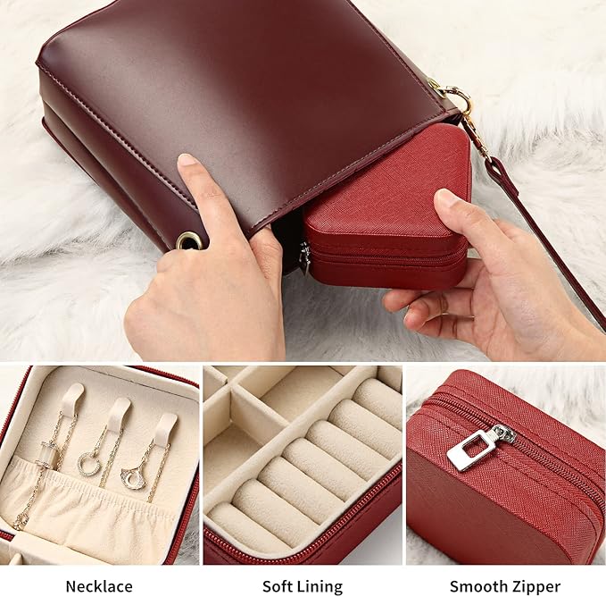 Mini Jewelry Case, Small Travel Jewelry Organizer, Portable Jewelry Box Mini Storage Organizer Display Box For Rings Earrings Necklaces (Red-4pcs)