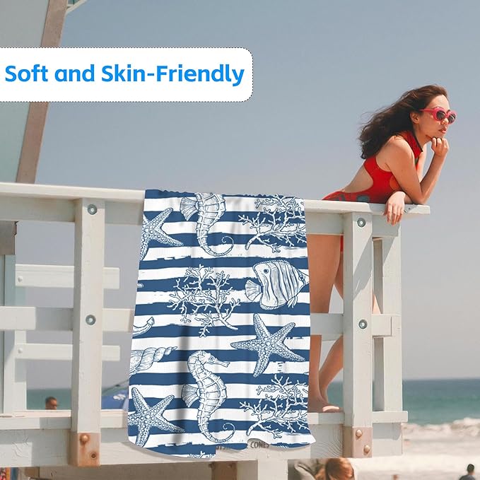 Starfish Microfiber Beach Towels,Underwater Starfish Seahorse with Coral on Stripes Oversized Absorbent Bath Towels,Soft Quick Dry Thin Camping Towel for Adults Women Men,29.5"×59"