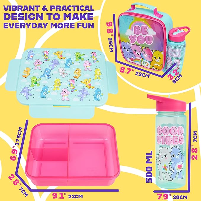 Get Trend Care Bears Lunch Bag, Lunch Box, Water Bottle for Kids 3 Piece Set Bento Box, Insulated Snack Container, Meal Holder Gifts for Kids (Multi Care Bears)