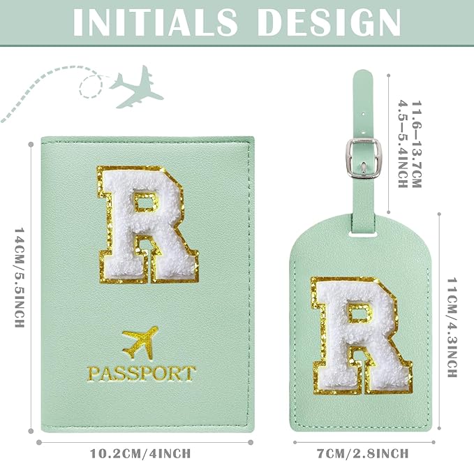 COSHAYSOO Green Passport Cover and Initial Luggage Tag Set TSA Approved with Preppy Chenille Letter Patch for Women Girl Friends, Trendy Travel Bag Backpack Suitcase Identifier Thanksgiving Gifts (R)