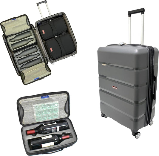 Premium Wine Travel Luggage | Holds 10 Bottles of 750 ML | TSA Lock | Expandable Packing Space | 360° Spinner | Double Straps |4 Insulated Unbreakable Carry Bag | 2 Insulated Totes| Grey
