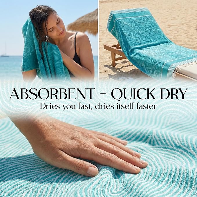 DECOLURE Turkish Beach Towel Oversized 39x73 Inch - 100% Turkish Cotton, Quick Dry and Sand Free Beach Towels for Travel - Lightweight, Absorbent & Soft Peshtemal Towel - (Cyan Wave)
