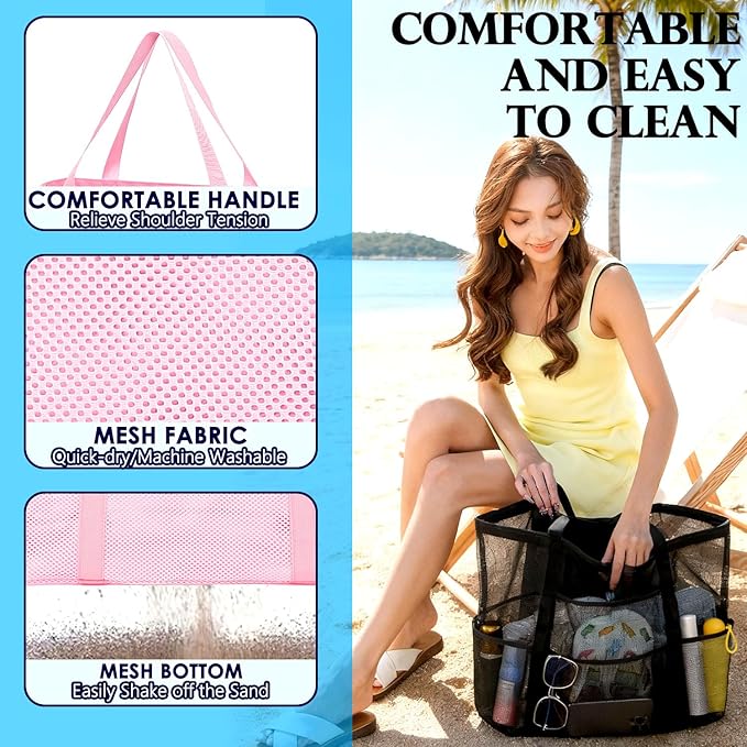 Mesh Beach Bag, Large Beach Tote with Zipper Pocket, Toys Pool Bag for Family Travel Vacation Cruise Essentials