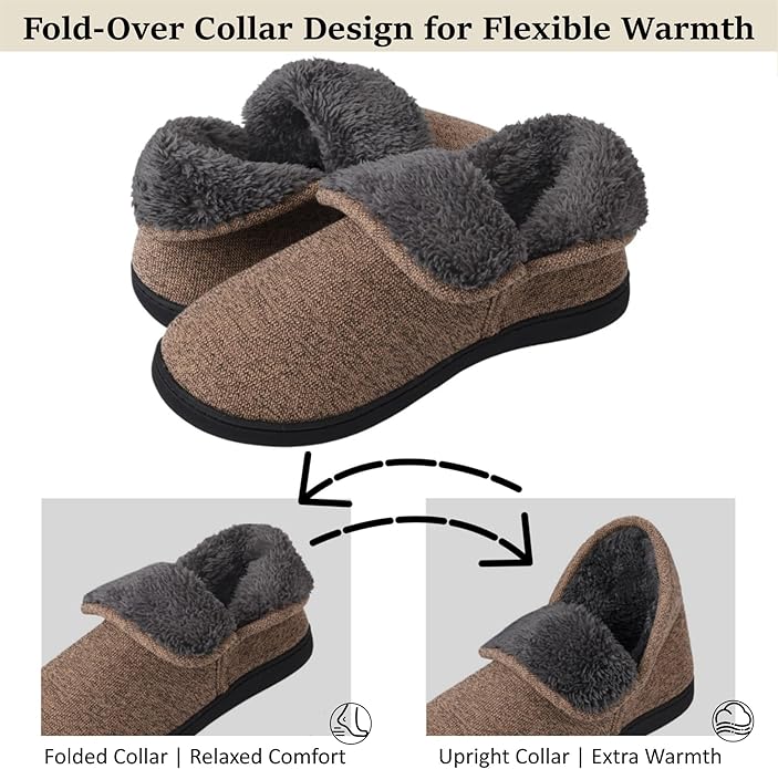 Men’s Knit Bootie Slippers Warm Fold-Over Ankle Collar Plush Fleece Lined Memory Foam House Shoes Cozy Winter Non-Slip Indoor Outdoor Slippers for Men