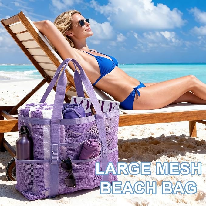 Mesh Beach Bag-Large Beach Tote for Women with Zipper Pocket, pool cruise travel swim, Toys & Vacation Essentials