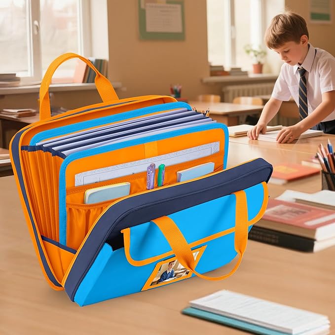 Zipper Document Bag for Boys and Girls, 9 Expandable Folders, Baby Portfolio Organizer Case with Customized Photo and Name Areas, Blue