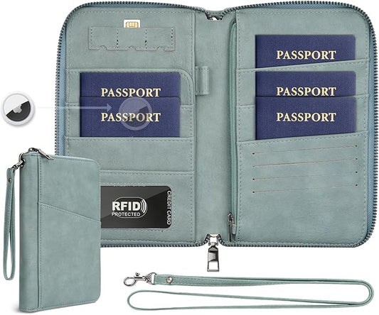 Family Passport Holder Wallet RFID Travel Document Organizer for Women Men, Portable Case Cover for Cards, Boarding Pass with Wrist & Neck Strap, Airtag Pocket, Travel Essentials Gifts (Blue, 1pack)