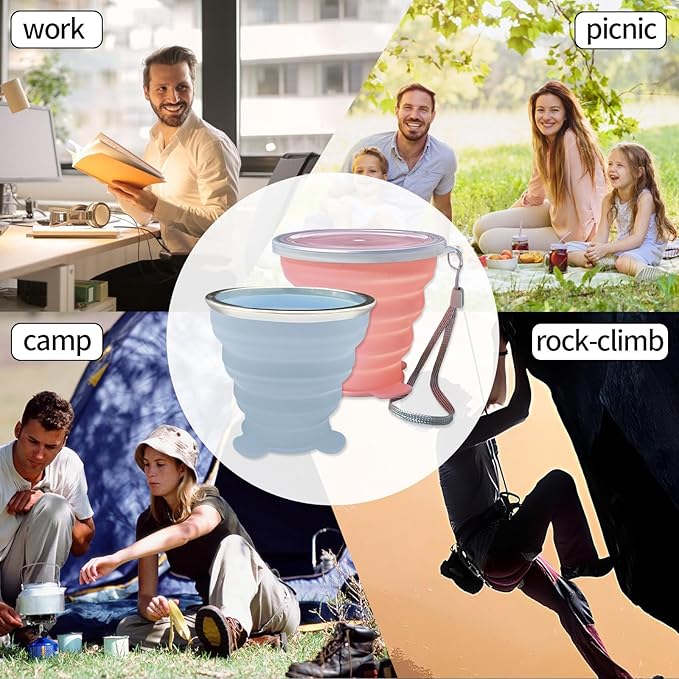 Collapsible Cup, Silicone Collapsible Travel-Cup, Expandable Folding Camping Drinking Cups with Lids Reusable Small Portable MugsCup for Travel, Camping, Hiking,Outdoor Sports, Indoors
