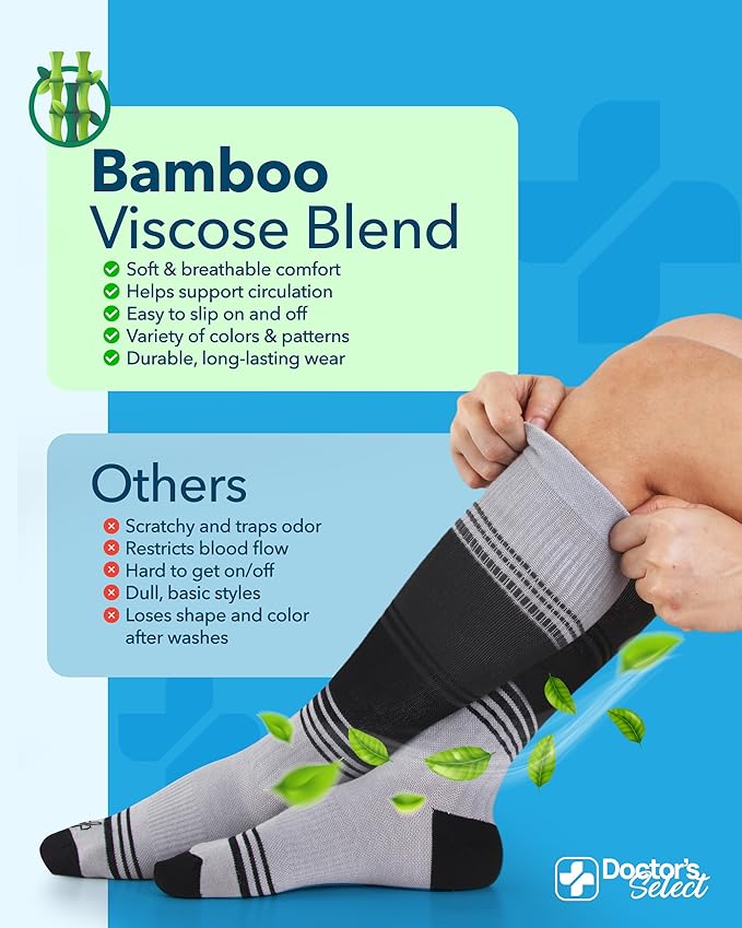 Doctor's Select Bamboo Viscose Light Compression Socks for Women & Men - 3 Pairs, 8-15 mmHg Compression Socks, Knee High