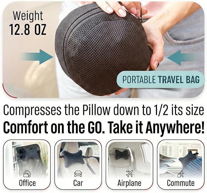 Aeris Car Headrest Pillow,%100 Memory Foam Car Neck Pillow for Driving with Strap - Carry Bag - Maximum Neck Support for Car Seat - Portable Small Travel Pillow - Perfect for Camping and Traveling