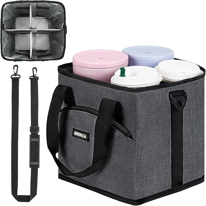 Reusable Drink Carrier with Handle – Insulated, Collapsible 4-Cup Beverage Bag with No-Spill Base, Adjustable Dividers & Shoulder Strap, Portable Caddy for Delivery, Car and Travel, Gray