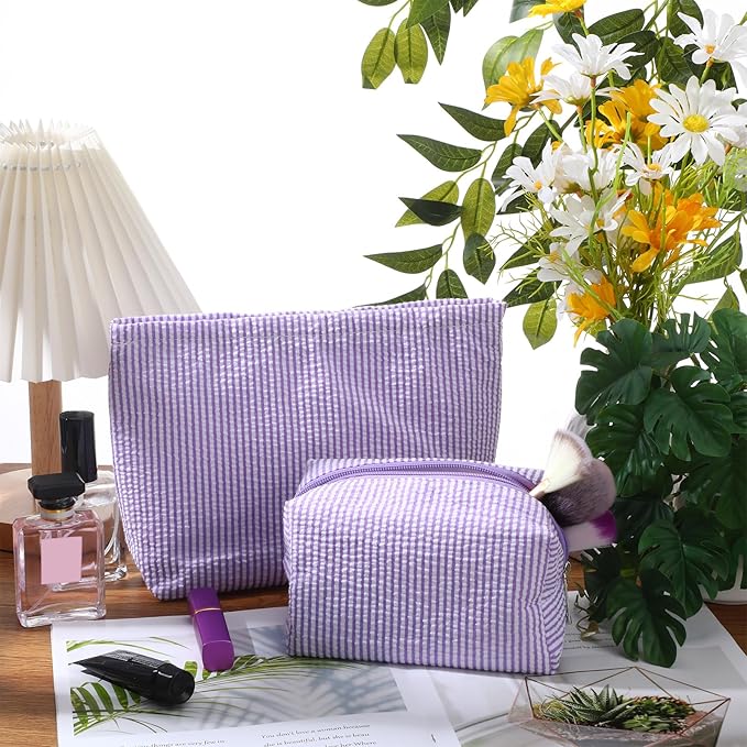 2 Pcs Makeup Bag Set Cute Cosmetic Pouch for Women Seersucker Travel Toiletry Bag Preppy Small Makeup Purse Pouch Aesthetic Skincare Brushes Storage Organizer for Valentine Women(Purple)