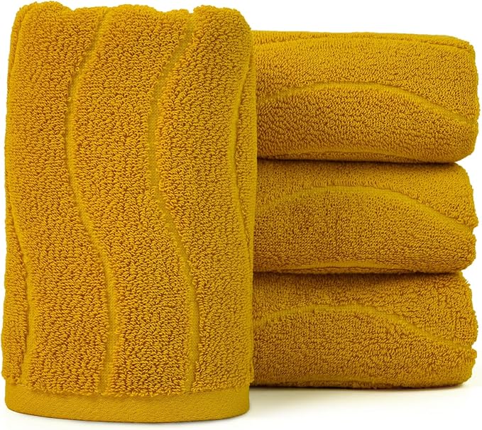 Jacquotha Wavy Striped Cotton Hand Towels, Set of 4, Dry Your Hand Instantly, 13x29 Inches, Mustard Kitchen Bathroom Towel
