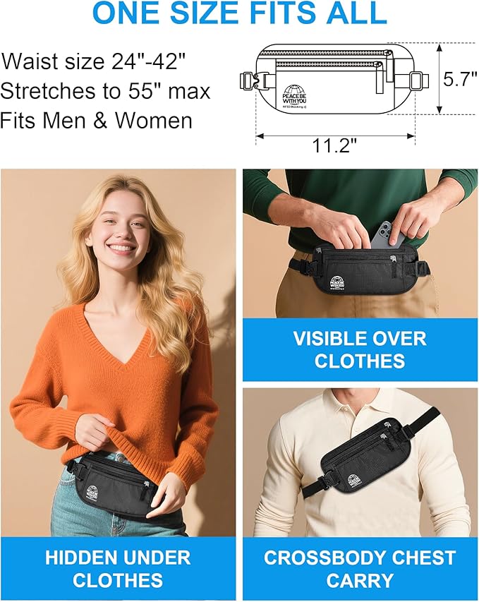 Hidden Money Belt for Travel, RFID Blocking, Sweat-Proof, Heavy-Duty Buckle, 3rd Gen Waist Wallet Anti Theft to Protect Cash, Credit Cards and Documents Under-Clothes for Men & Women, Black