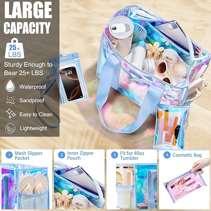 Bagstellar Iridescent Beach Tote Bags for Women, Large Zipper Beach Pool Swim Bag with Makeup Bag & Waterproof Phone Pouch | Waterproof Sandproof, Adjustable Strap, Packable, Foldable, Travel Tote Bags, Vacation Essentials, Gift for Women