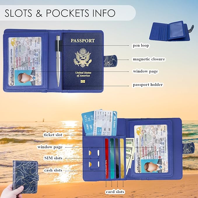 Passport Holder For Travel, RFID Blocking Passport Wallet, Passport Cover Secure & Front Pocket Money Holder For Men & Women, Travel Wallet, Golden Leaves In Blue, Advanced Version