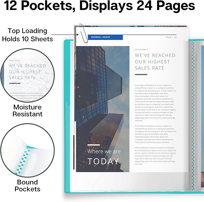Dunwell 12-Pocket Presentation Binder with Plastic Sleeves (24 Viewable Pages), 8.5x11 Portfolio Folder, Top-Loading Sheet Protectors, Customizable Cover, Organizer for Photos, Recipes (Aqua)