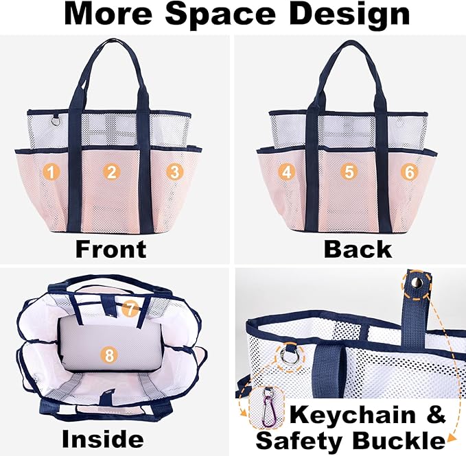 Beach Bag with Cooler, Mesh Beach Bag for Women Cruise Pool, Packable Waterproof Sandproof Travel Tote Bag with 8 Pockets