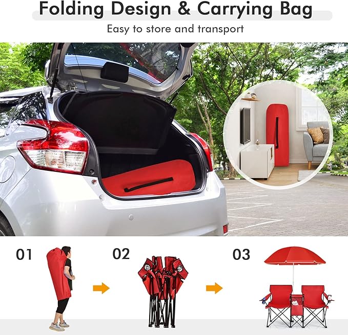 KOTEK Double Camping Chair, Folding Camp Chair with Removable Umbrella, Cup Holders, Cooler Bag, Side Pocket & Carry Bag, 2-Person Beach Chair for Outdoor, Sports, Concerts, Travel, Picnic (Red)