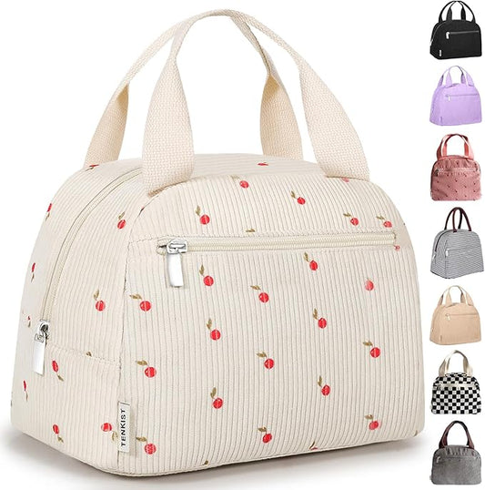 Cute Lunch Box Tote Bag - Corduroy Insulated Cooler Bags for Women - Lightweight Reusable Portable Soft Lunch Pail Kit for Kids Teen Girl Adults Work School Picnic Travel Cherry 8L