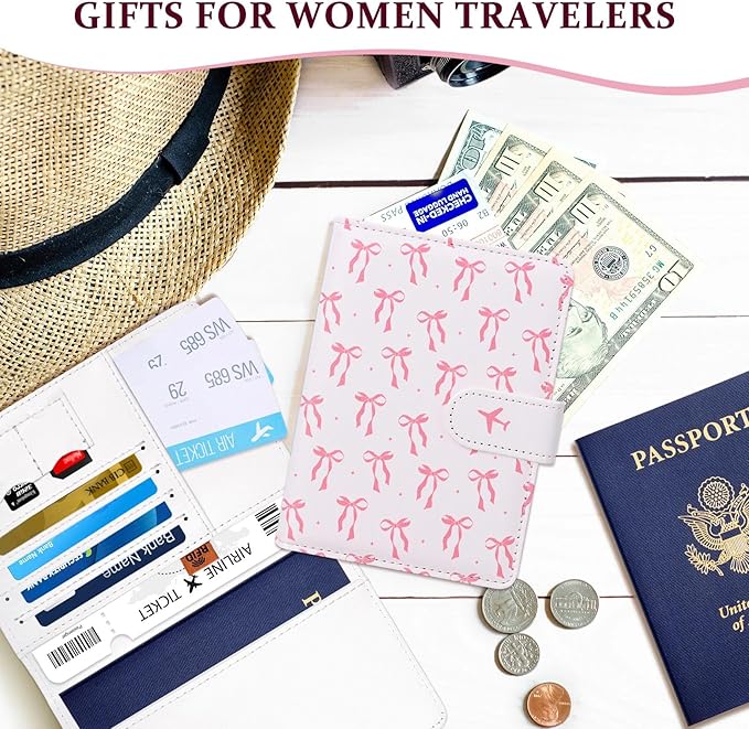 COSHAYSOO Personalized RFID Passport Holder for Travel Women Passports Cover Case Air Essentials Airplane Flight Accessories Airline Plane Flying Must Haves Christmas Gifts Teen Girls Pink Bow Knot