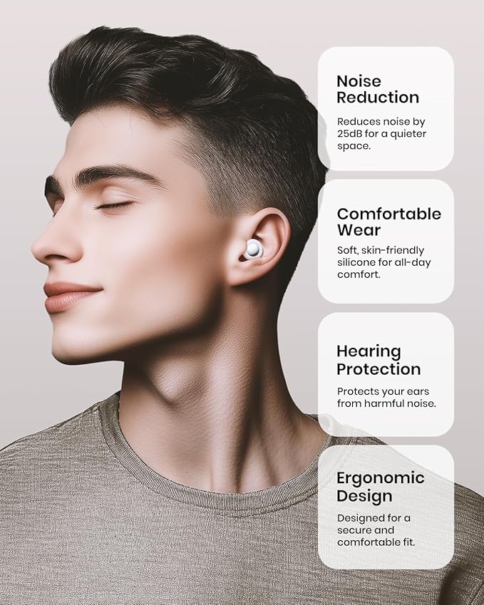 Ear Plugs for Sleeping Noise Cancelling, Reusable Silicone Ear Plugs for Noise Reduction with 8 Ear Tips, Earplugs for Sleep, Concerts, Travel, Snoring (White, One Size)