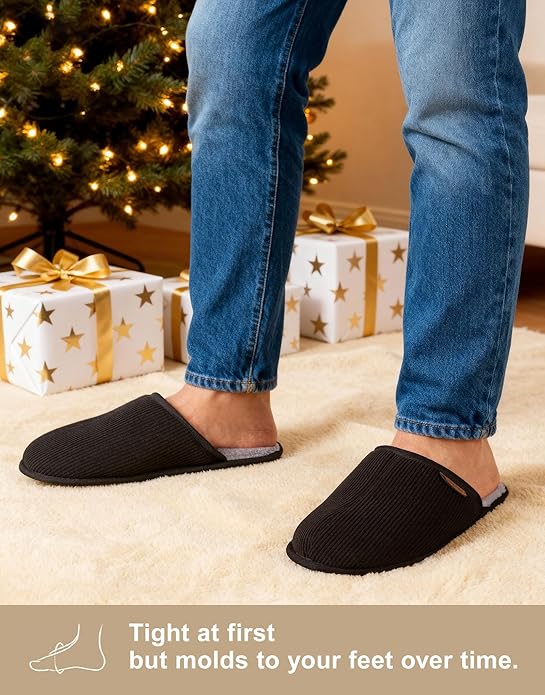 VeraCosy Men's Corduroy Scuff Slippers Soft Comfy Memory Foam Non-slip Indoor House Shoes
