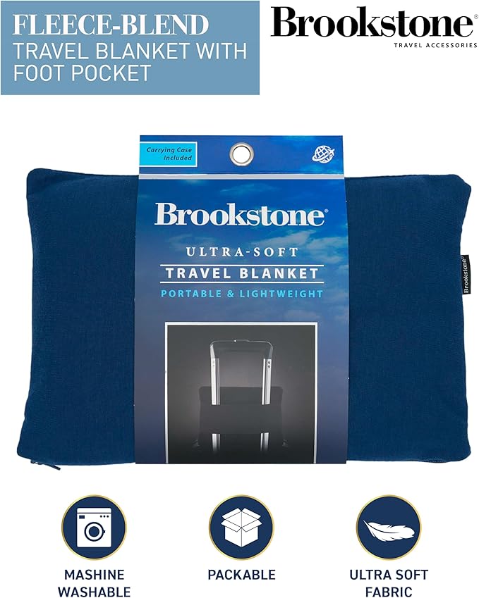 Brookstone Travel Blanket - 2-in-1 Jersey Knit Lightweight Throw Blanket with Carrying Pouch, Airplane & Car Travel Essentials, Blue
