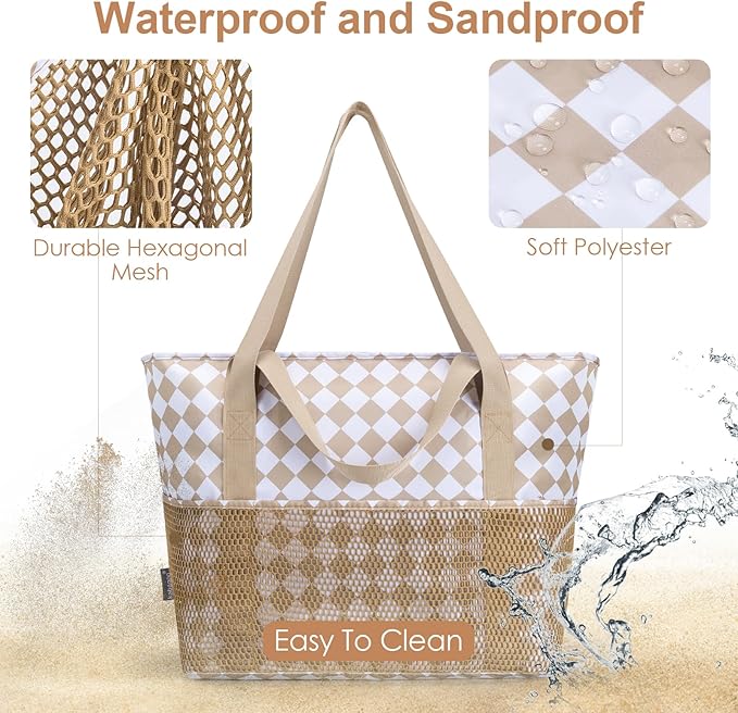 KABAQOO Large Beach Bag Waterproof Sandproof Tote Bag for Women with Zipper & Mesh Pockets for Pool Swim Travel Everyday