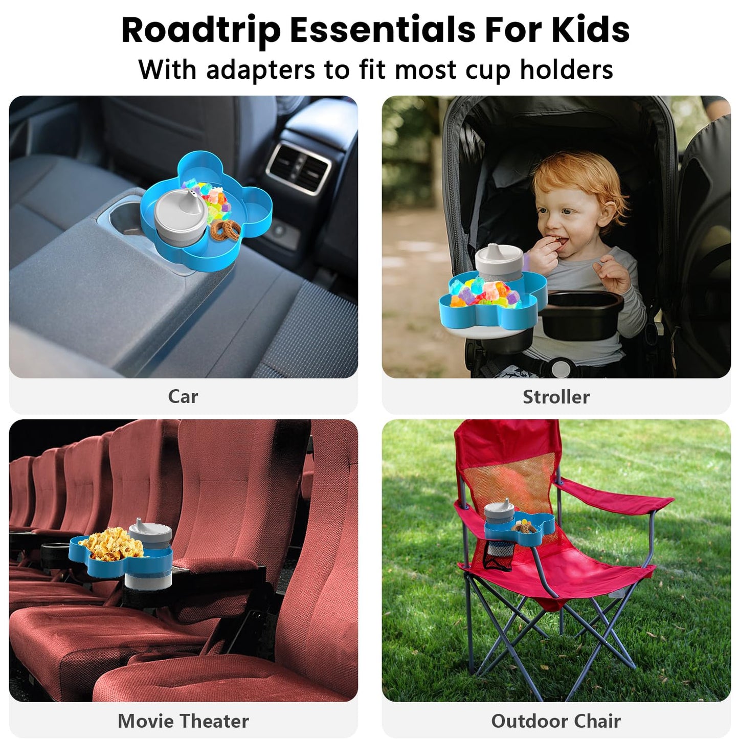 BlueOrigin Car Seat Snack Tray - Travel Tray for Kids Car Seat, Stroller, Booster and Anywhere with a Cup Holder, Toddler Road Trip Essentials Food Plate for Snacks, Toys, Entertainment (Blue)