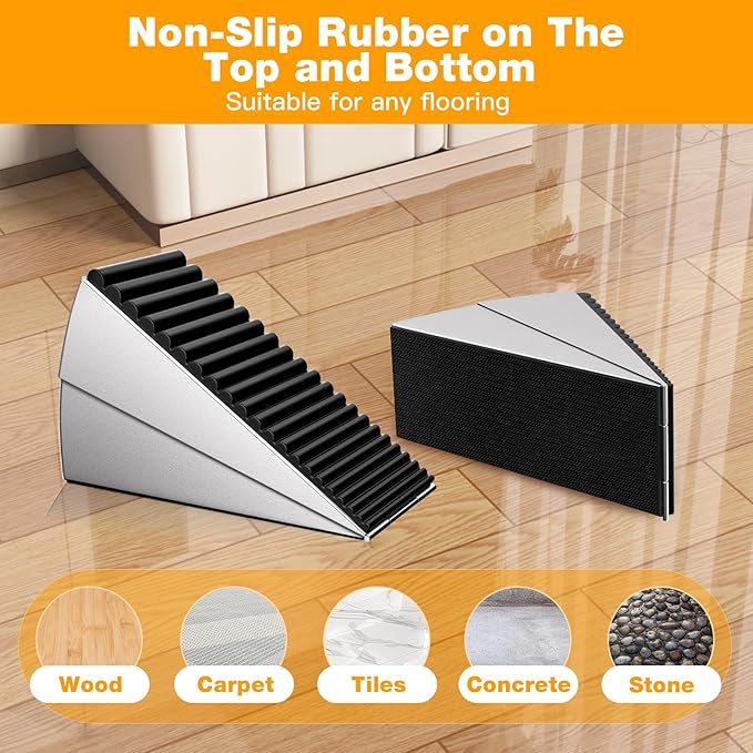 2 Pack Heavy Duty Metal Door Stop, Strongest Large Adjustable Spring Door Stopper Up to 3 inch Tall, Door Stoppers for Bottom of Door, Silver Rubber Door Wedge for Any Heavy Doors