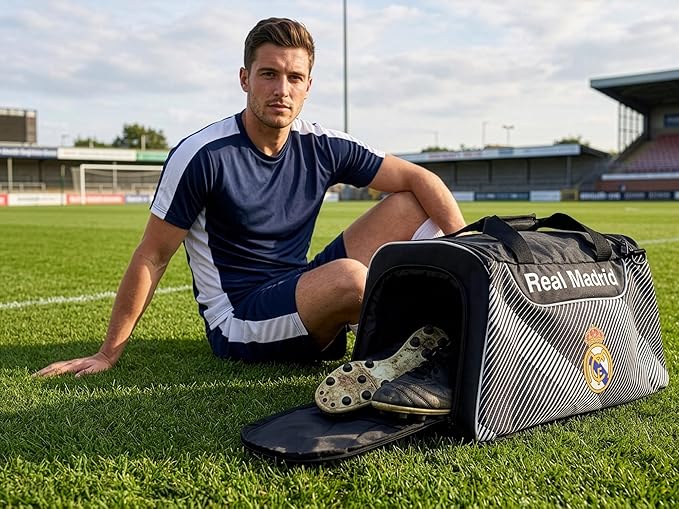 Real Madrid Soccer/Football Travel Duffle Bag – Black & White Sports Gym Bag