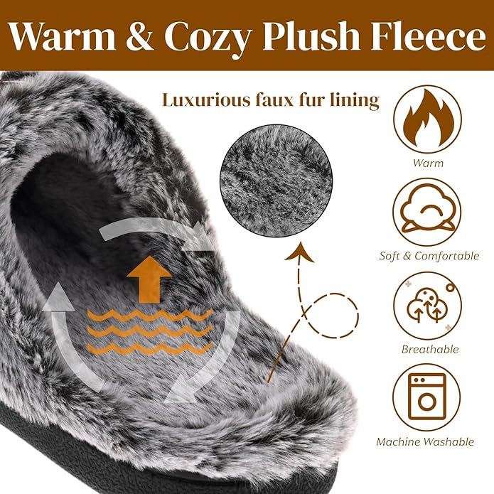 VONMAY Women's Memory Foam Slippers Moccasin Slip-on Scuff House Shoes Fuzzy Faux Fur Lining Indoor Outdoor for All Seasons