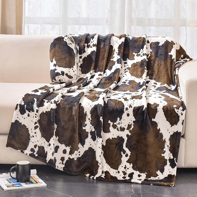 Bnuitland Brown Cow Print Flannel Throw Blanket (50x70 Inches) with Storage Pouch, 300 GSM Double Sided Fuzzy Decor Blanket for Bed/Sofa/Couch/Lap, Super Soft Cozy Throw Gift for Adults and Kids