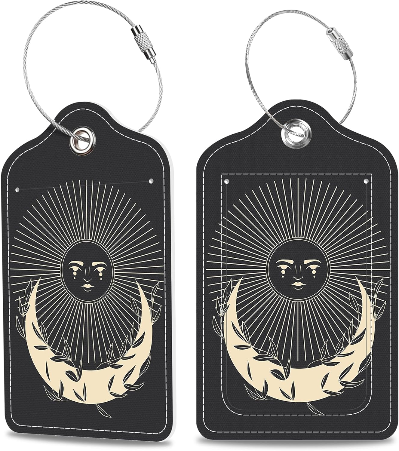 2 Pack Luggage Tags for Suitcase Moonlight in Vintage Engraving Leather Stainless Steel Loop Label Tags for Women Men Travel Bag Suitcase with Privacy Cover Name ID Card