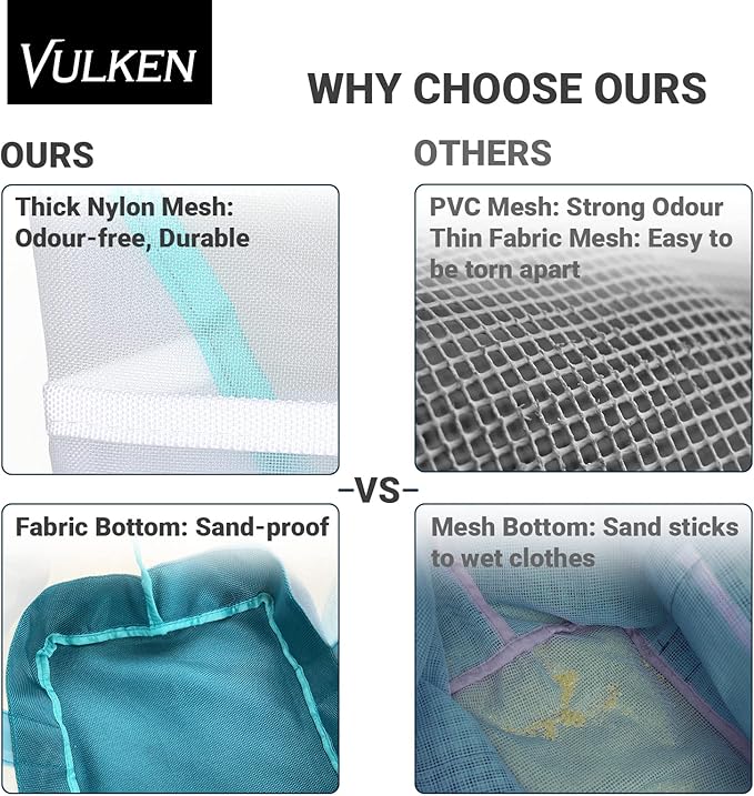 Vulken 42L Extra Large Mesh Beach Bag. 9 Pockets Top Zip Tote Bag Shoulder Bag