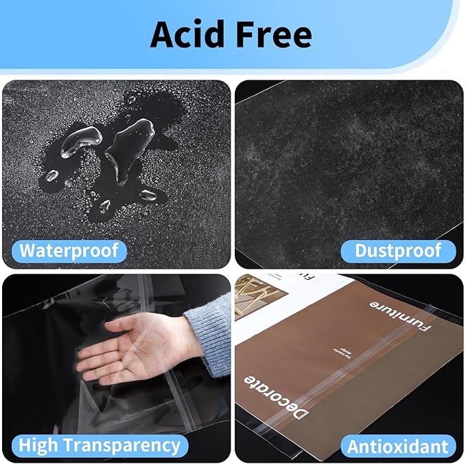 100 Pack Cellophane Bags 12x16 - Acid Free 1.57 mil (Single Side) Thick Heavy Duty Newspaper Protector Sleeves Self Adhesive 12x16 Poster Protector Crystal Clear Plastic Sleeves for Paper Photo