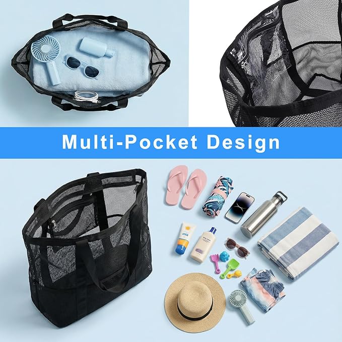 Mesh Beach Bag-Large Beach Tote for Women with Zipper Pocket, pool cruise travel swim, Toys & Vacation Essentials