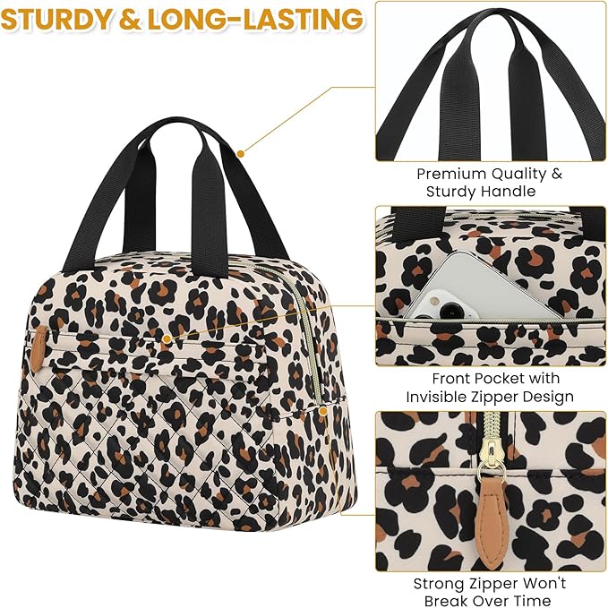 Insulated Lunch Bag for Women, Portable Lightweight Lunch Box for Adults, Reusable Small Lunch Tote Cooler Bags with Front Zipper Pocket for Work School Picnic(Leopard)