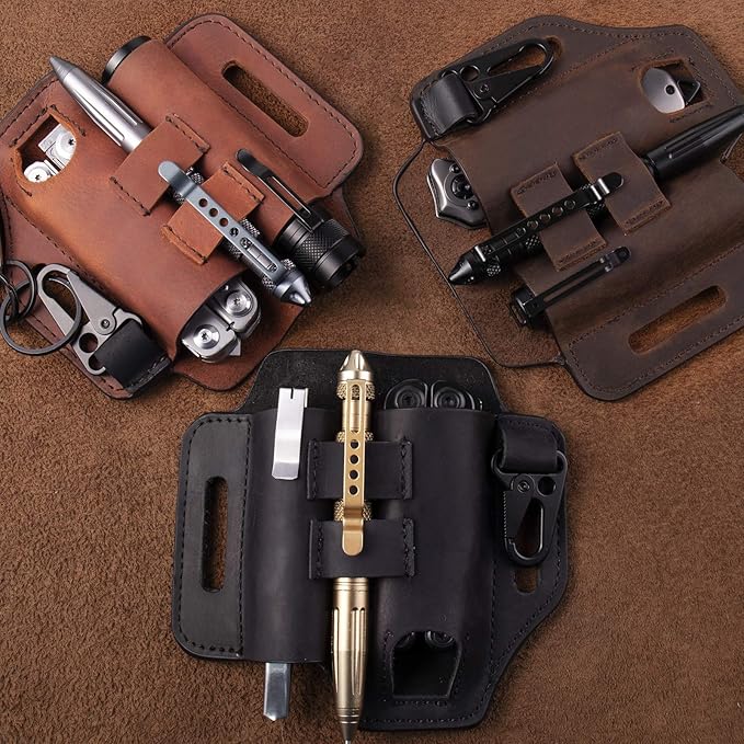 Gentlestache Multitool Belt Sheath, EDC Leather Belt Organizer, Belt Holder with Multitool Pouch, Flashlight Holder, Pen Holder and Keychain Clip, Practical EDC Belt Pouch for Men