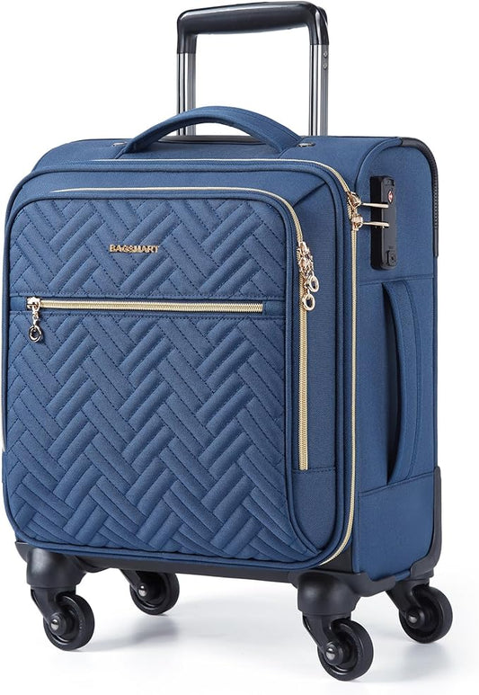 BAGSMART Underseat Carry On luggage Airline Approved, 16-inch Small Softside Underseater Travel Suitcase with Spinner Wheels Overnight Bag Small Rolling Carry-on for Women Men Weekender, Navy Blue
