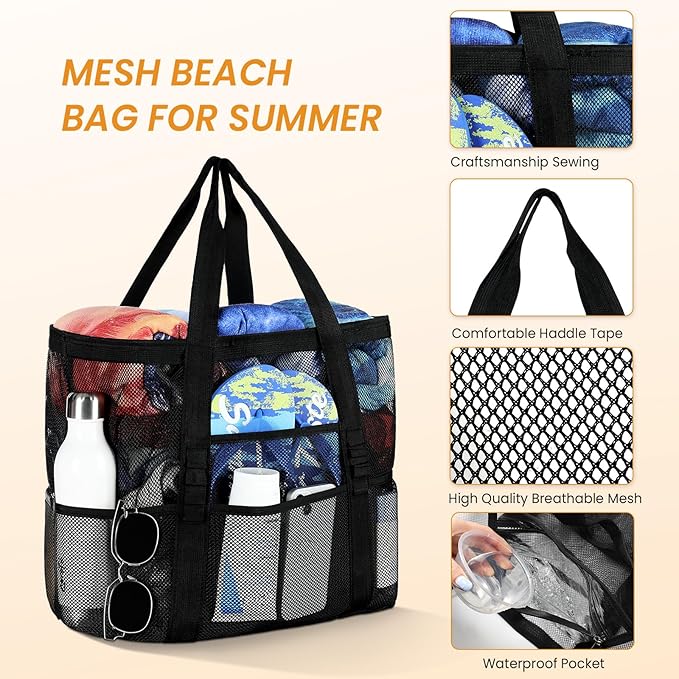 Tavaleu Mesh Beach Bag - Large Beach Tote with Multi Functional Pockets for Family Travel/Vacation