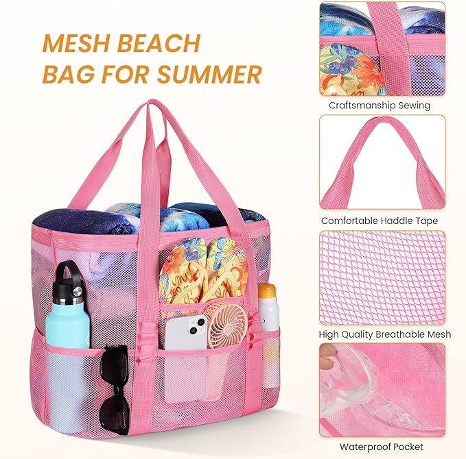 Tavaleu Mesh Beach Bag - Large Beach Tote with Multi Functional Pockets for Family Travel/Vacation