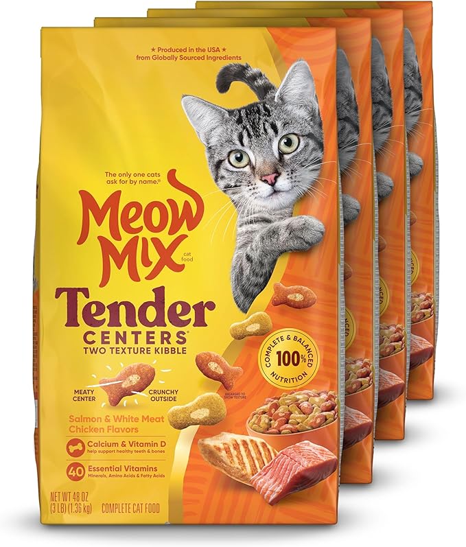 Meow Mix Tender Centers Dry Cat Food, Salmon & White Meat Chicken Flavors, 3 Pound Bag (Case of 4)