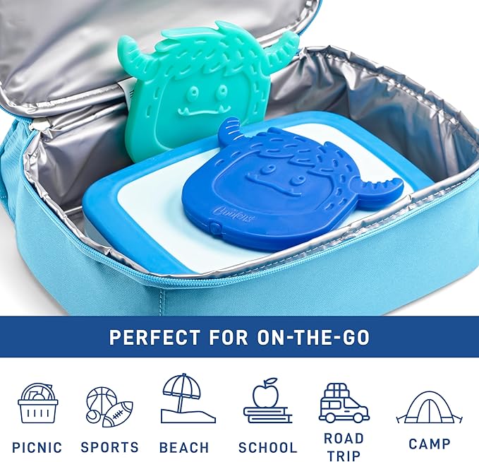 Fit & Fresh Kids Lunch Box Coolers, Slim Shaped Ice Packs for Lunch Bags, Reusable Multicolored Yeti Shape 4PK